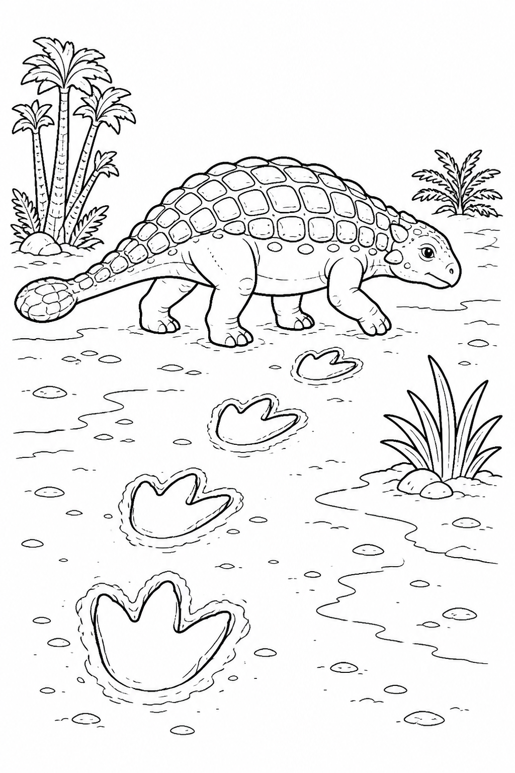 Black-and-white coloring page of an armored dinosaur walking away from a trail of large footprints in soft mud.