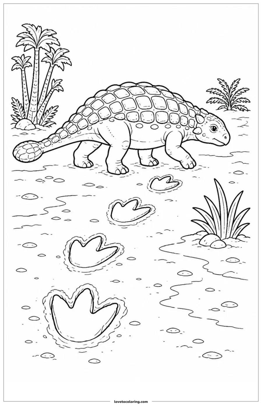 Black-and-white coloring page of an armored dinosaur walking away from a trail of large footprints in soft mud.