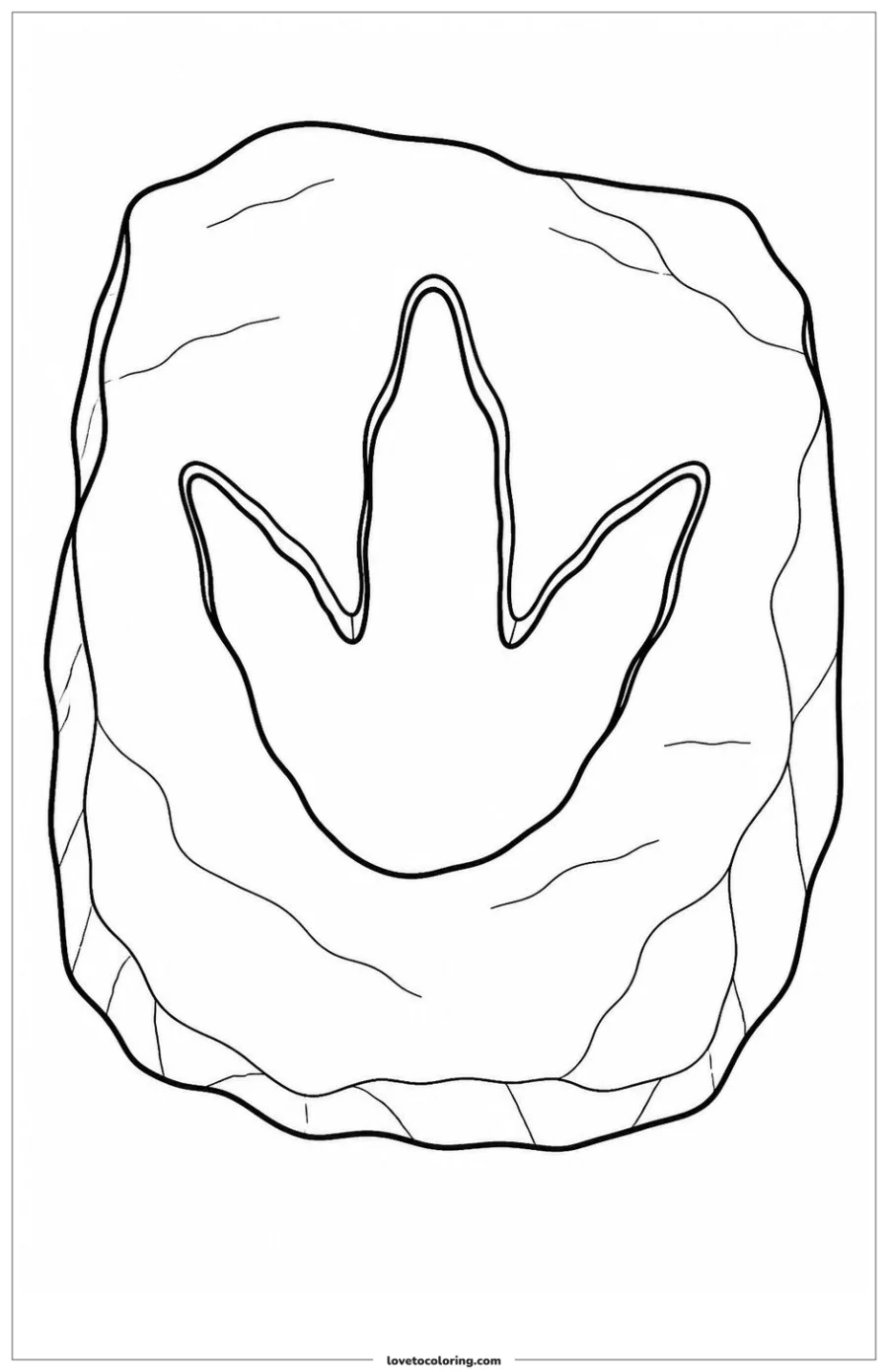 Black-and-white printable coloring page of one three-toed dinosaur footprint preserved in a sandstone slab.