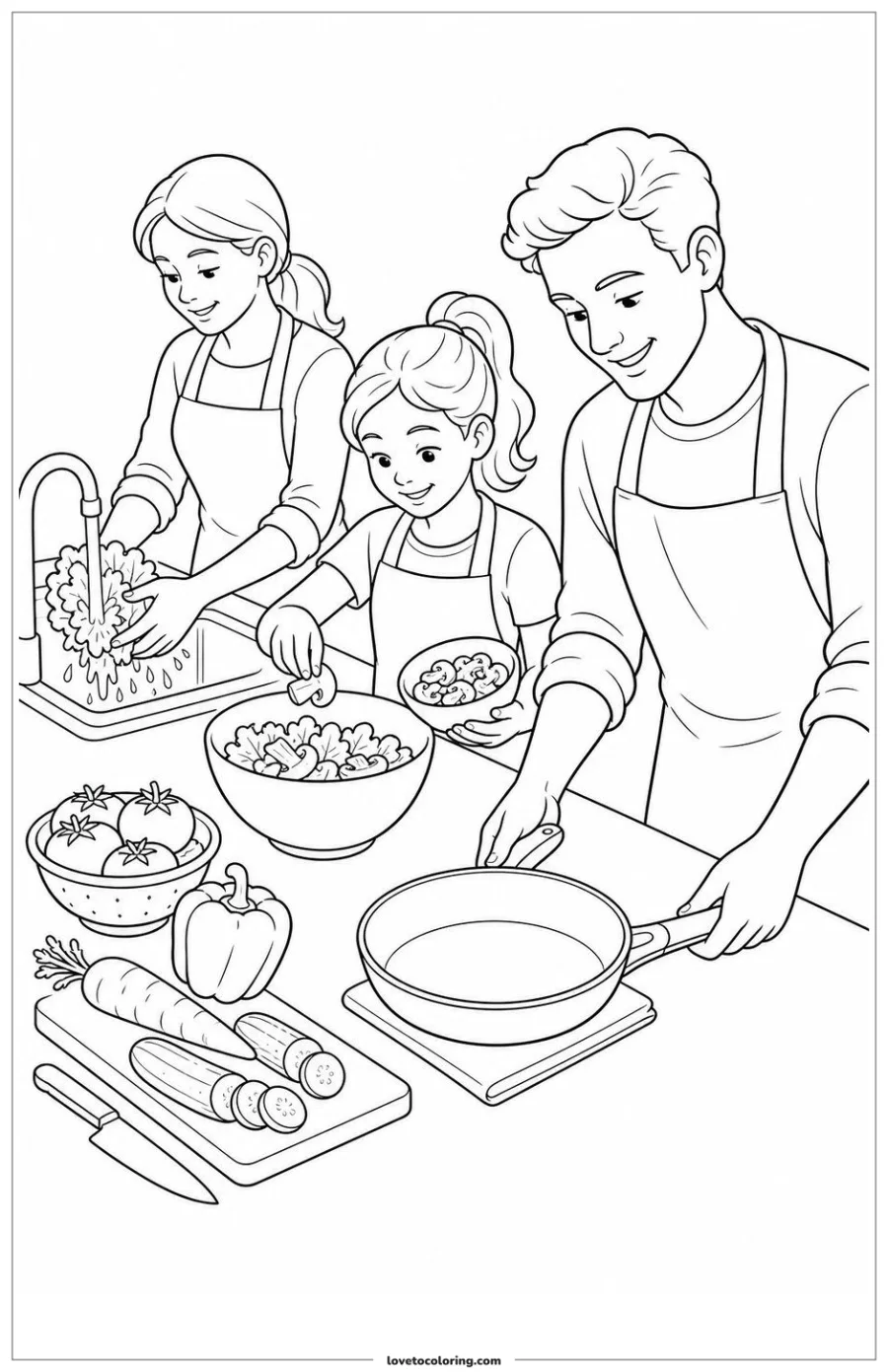 Dibujo para colorear de cooking with family from preparation to action