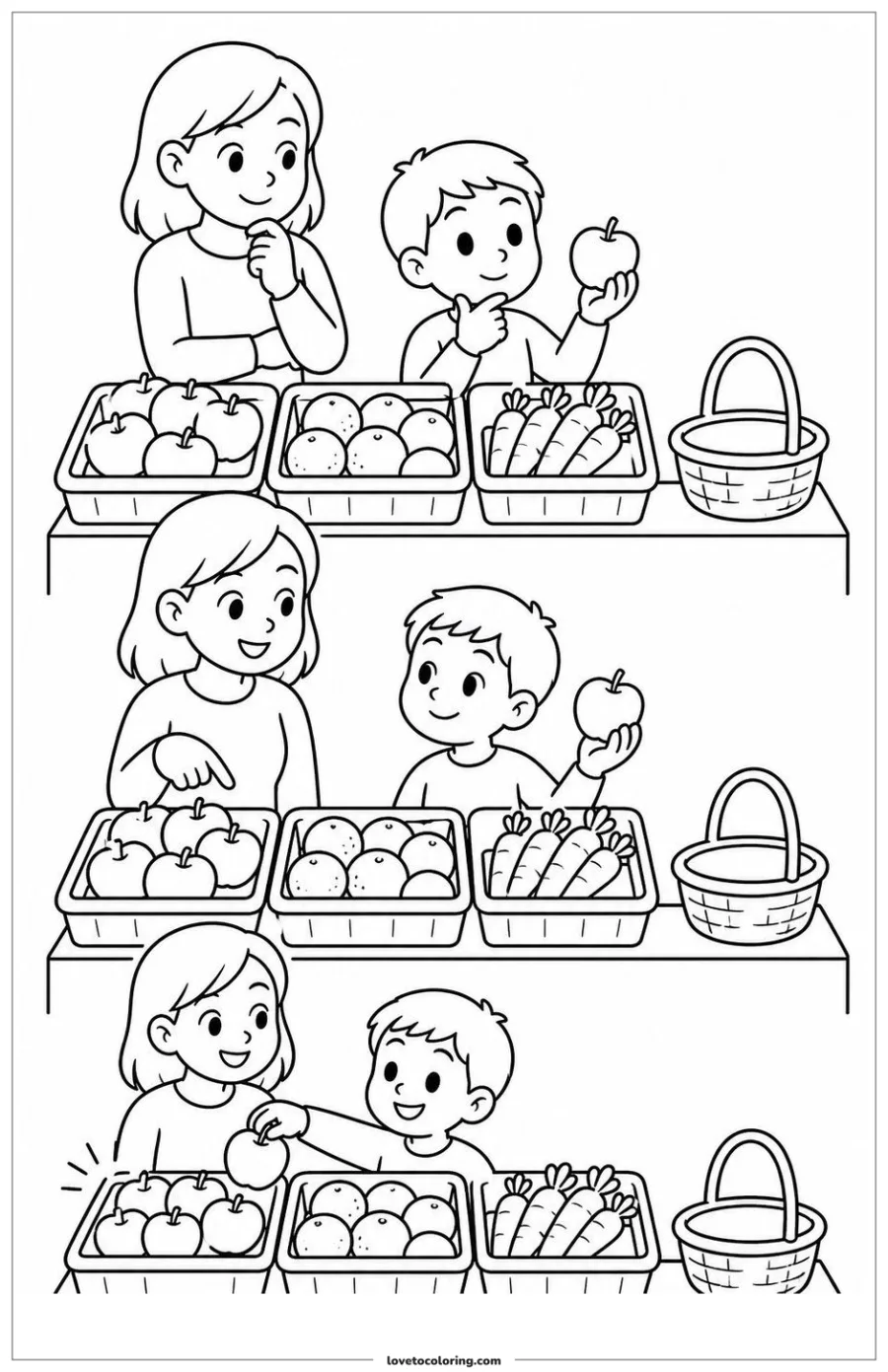 Dibujo para colorear de visiting a farmers market and solving an everyday problem