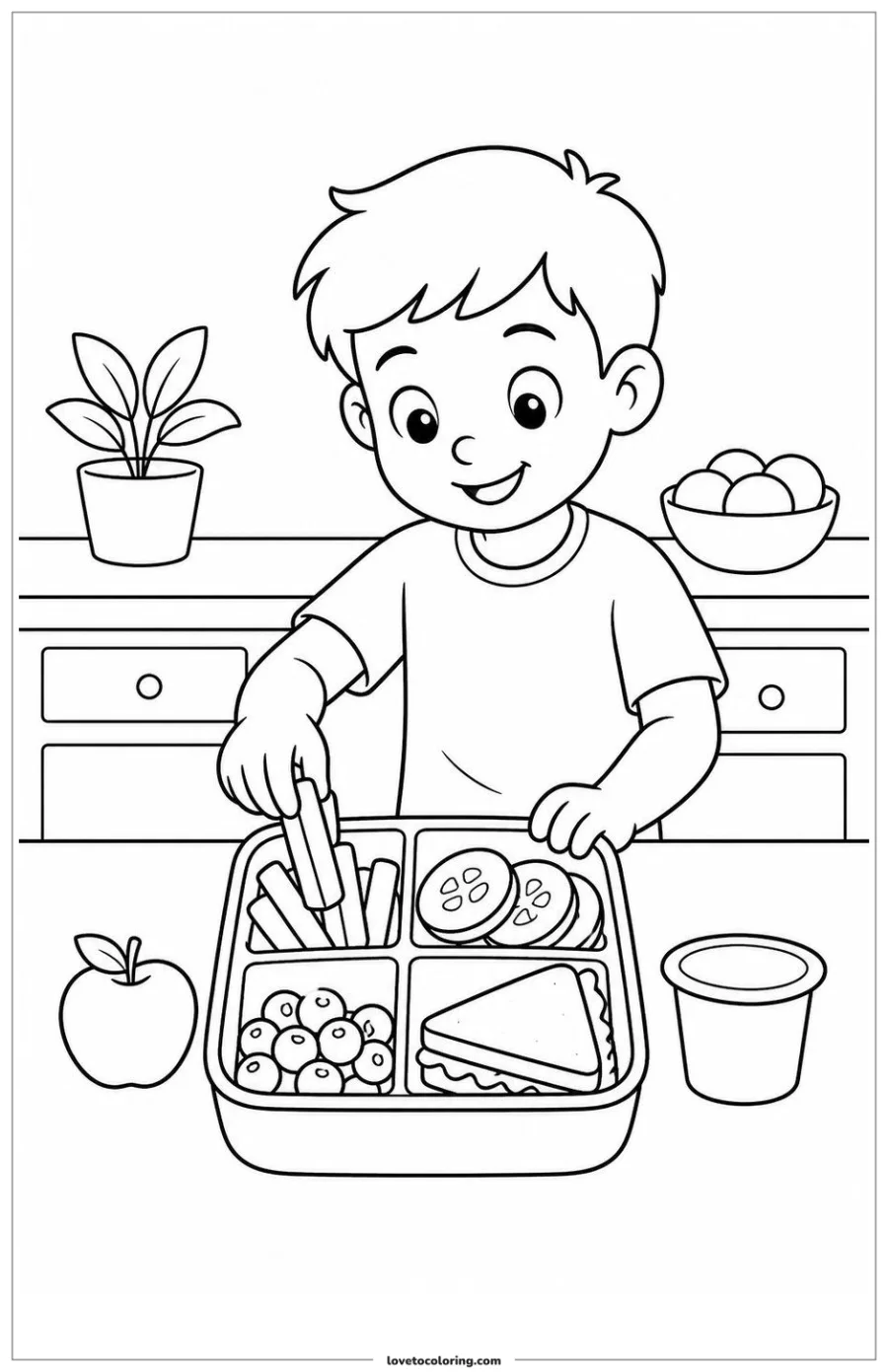 Black-and-white printable coloring page showing a balanced lunch packing a healthy lunch.