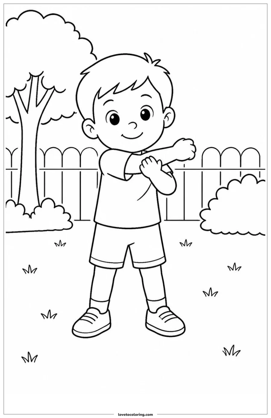 Black-and-white printable coloring page showing a morning stretch stretching before outdoor play.