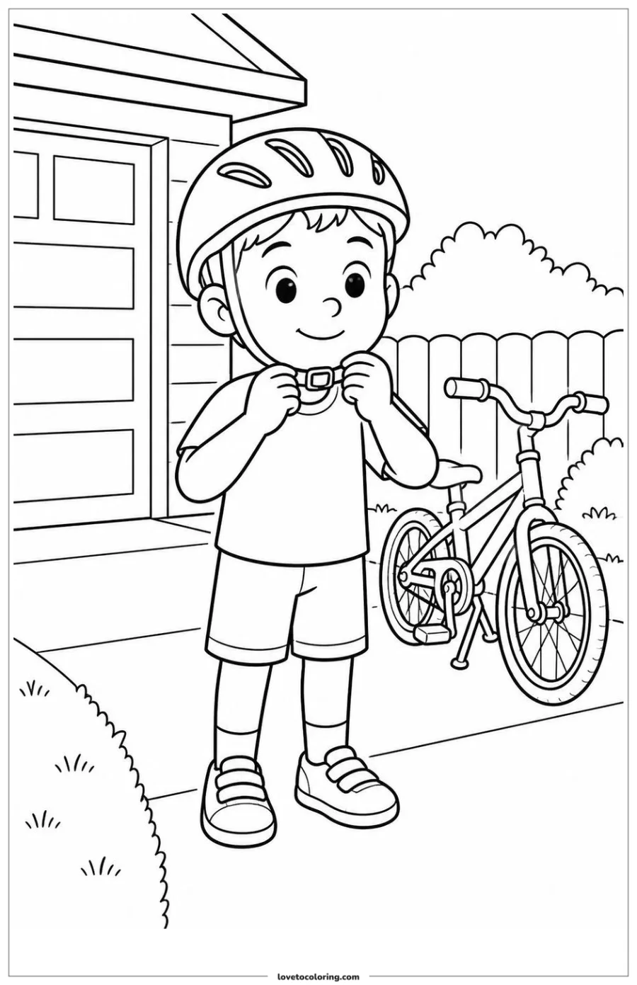 Black-and-white printable coloring page showing a bicycle helmet putting on a helmet before riding.