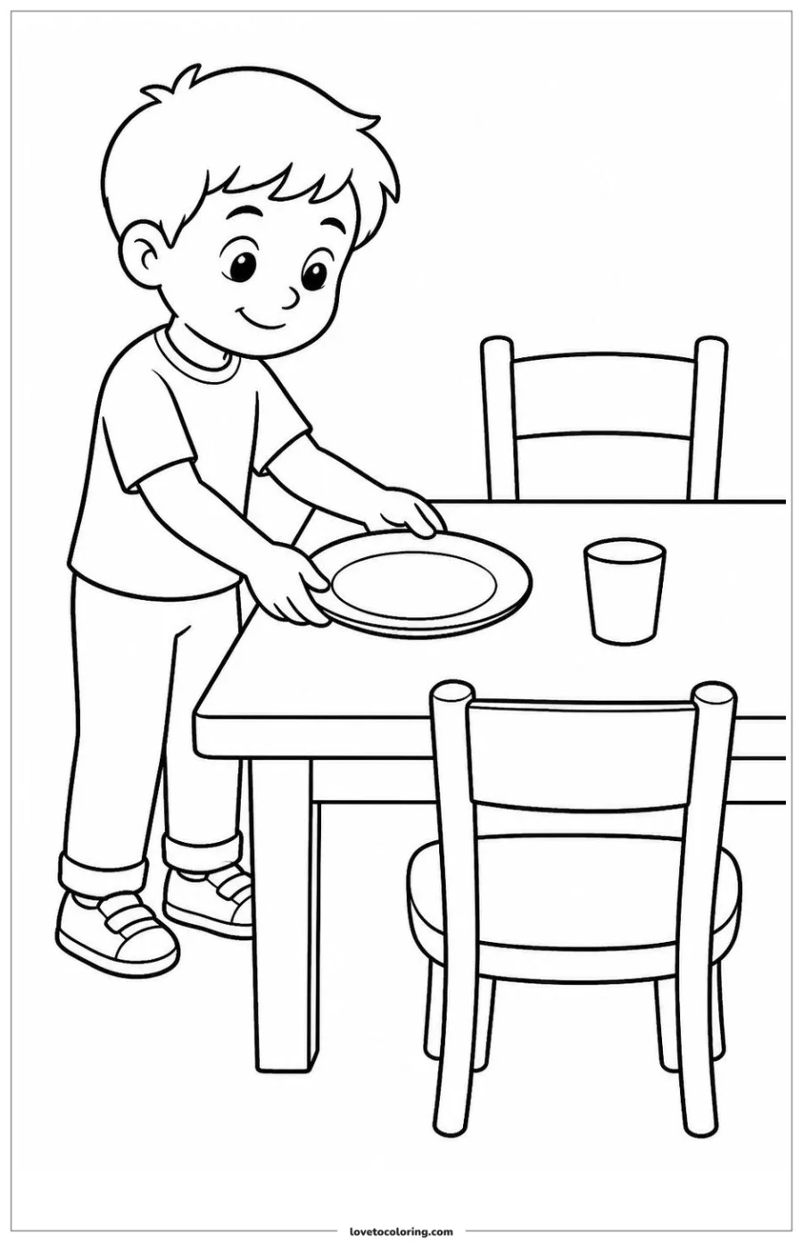 Black-and-white printable coloring page of a child placing a plate and cup at a simple dining table.
