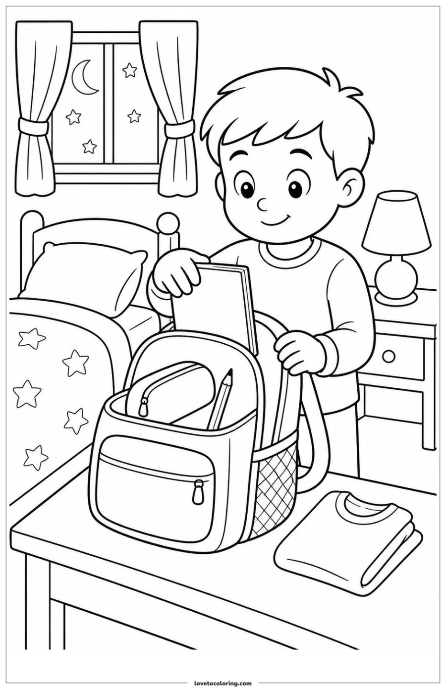 Black-and-white printable coloring page showing packing a school bag the night before.