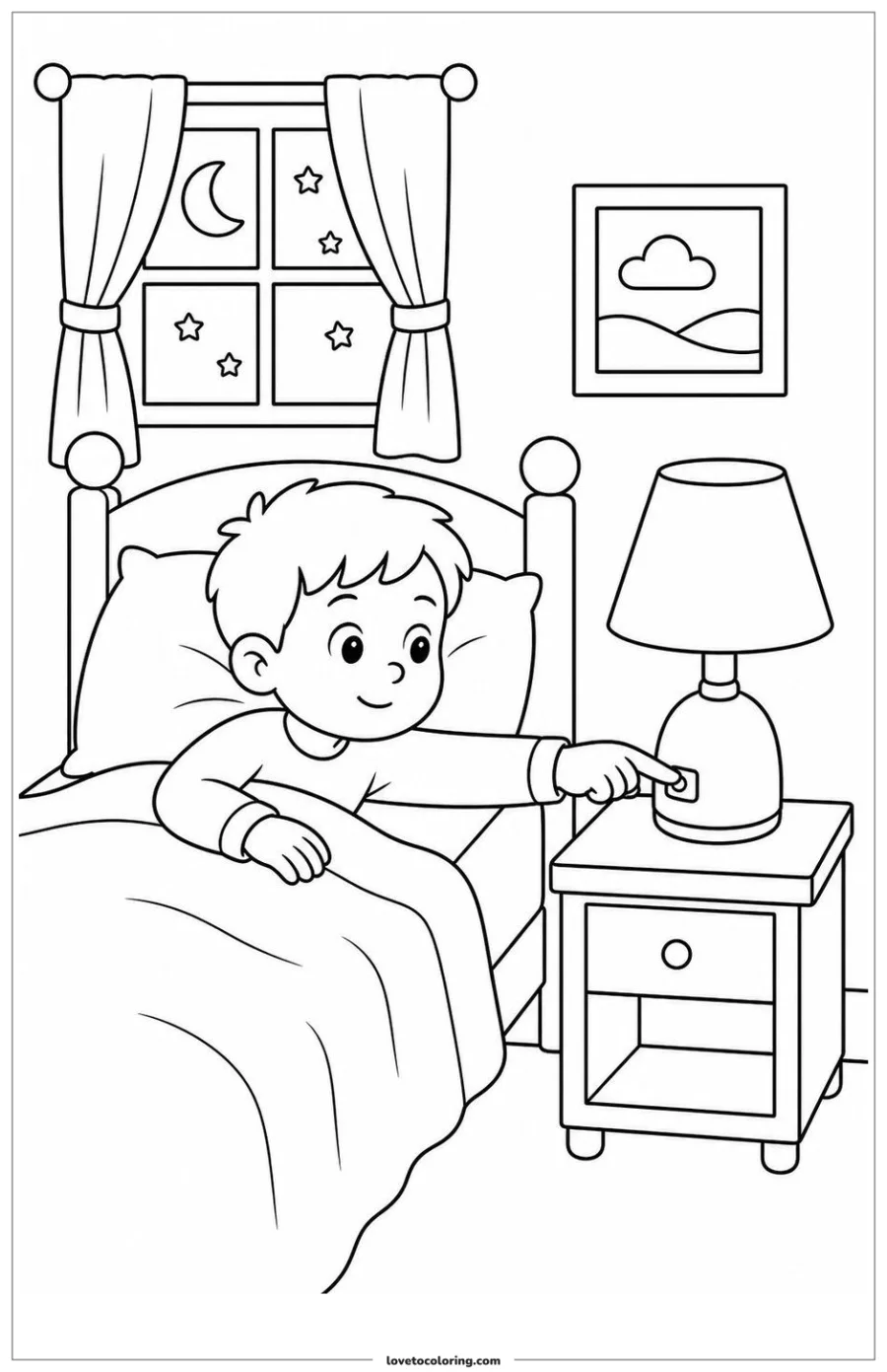 Black-and-white printable coloring page showing turning off the bedside lamp at bedtime.