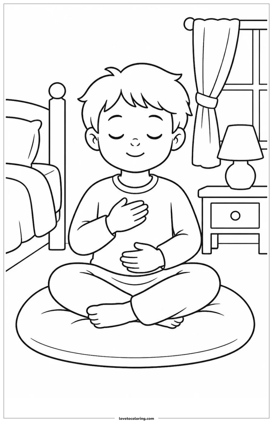 Black-and-white printable coloring page showing a calm breathing taking slow breaths before bedtime.