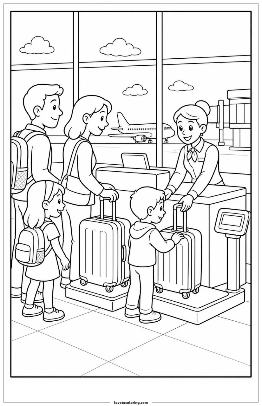 Dibujo para colorear de family checking in at the airport