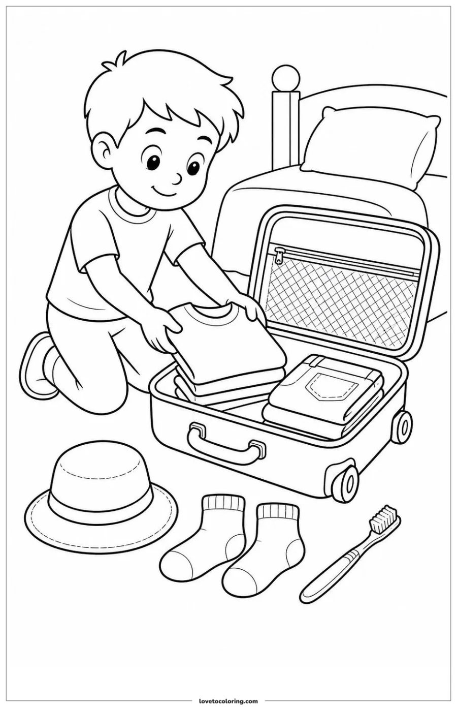 Dibujo para colorear de packing a suitcase for a family trip