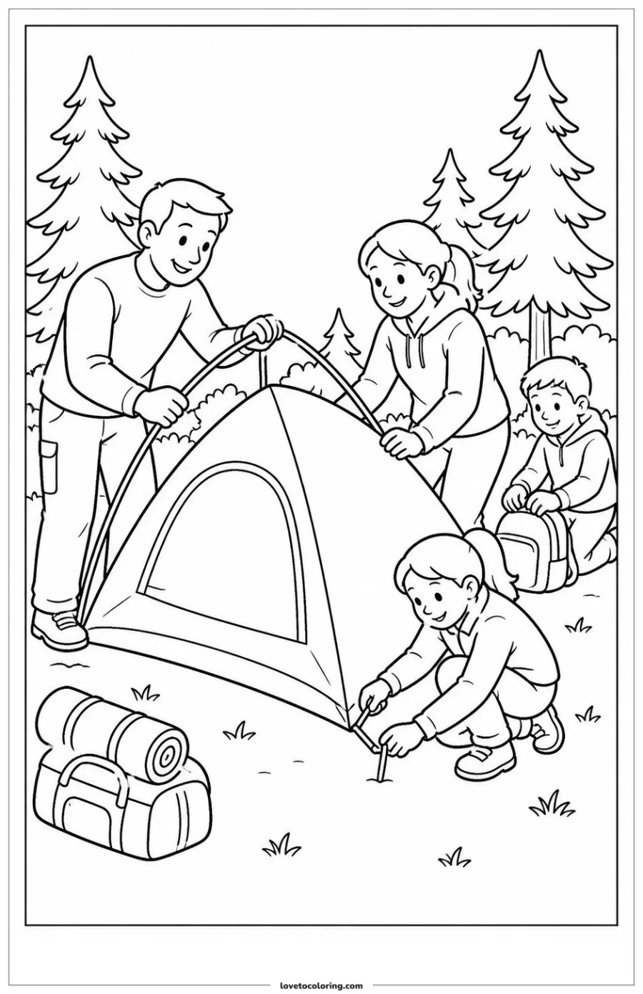 Dibujo para colorear de setting up a camping tent together