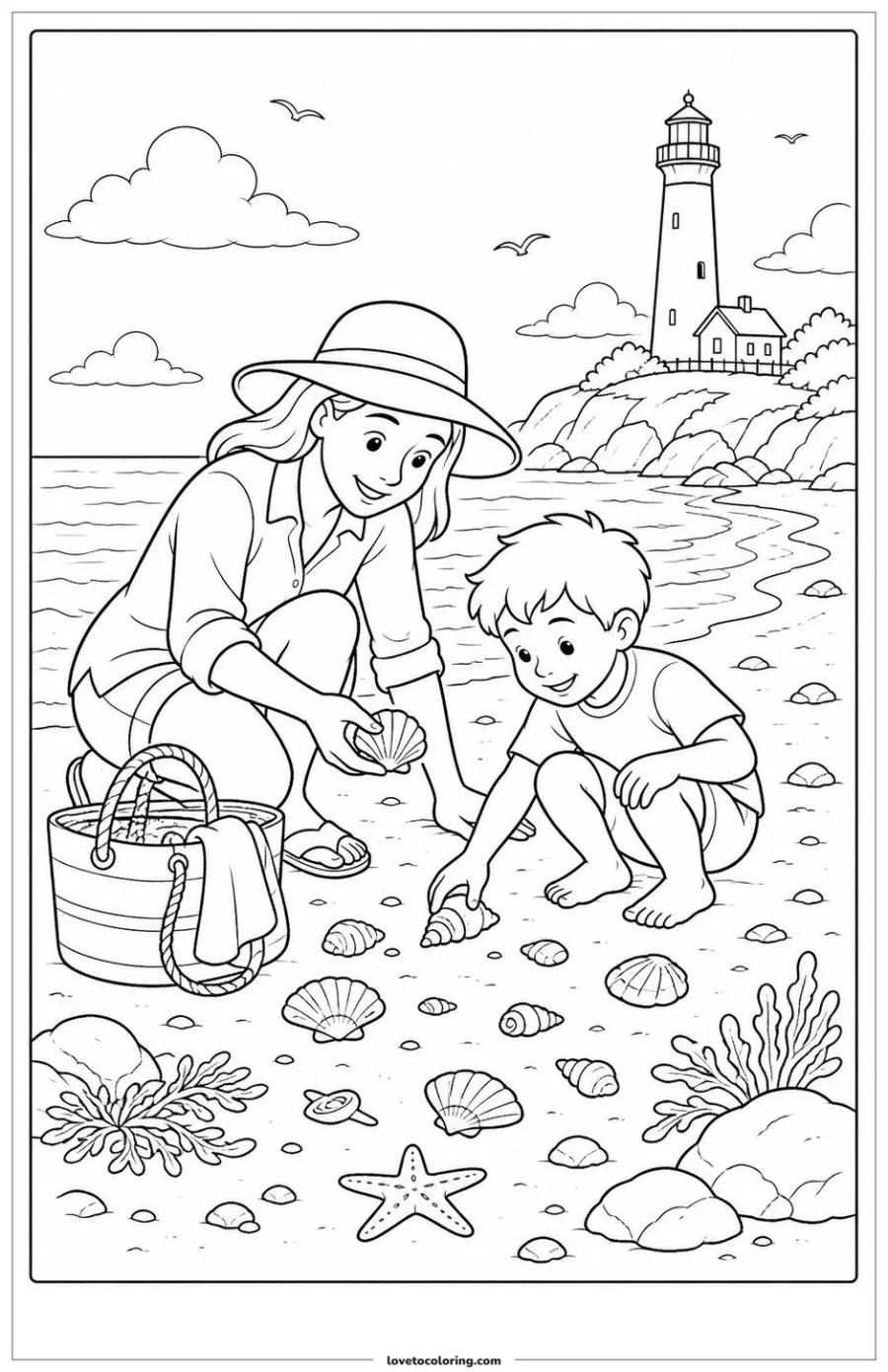 Dibujo para colorear de exploring shells at the beach