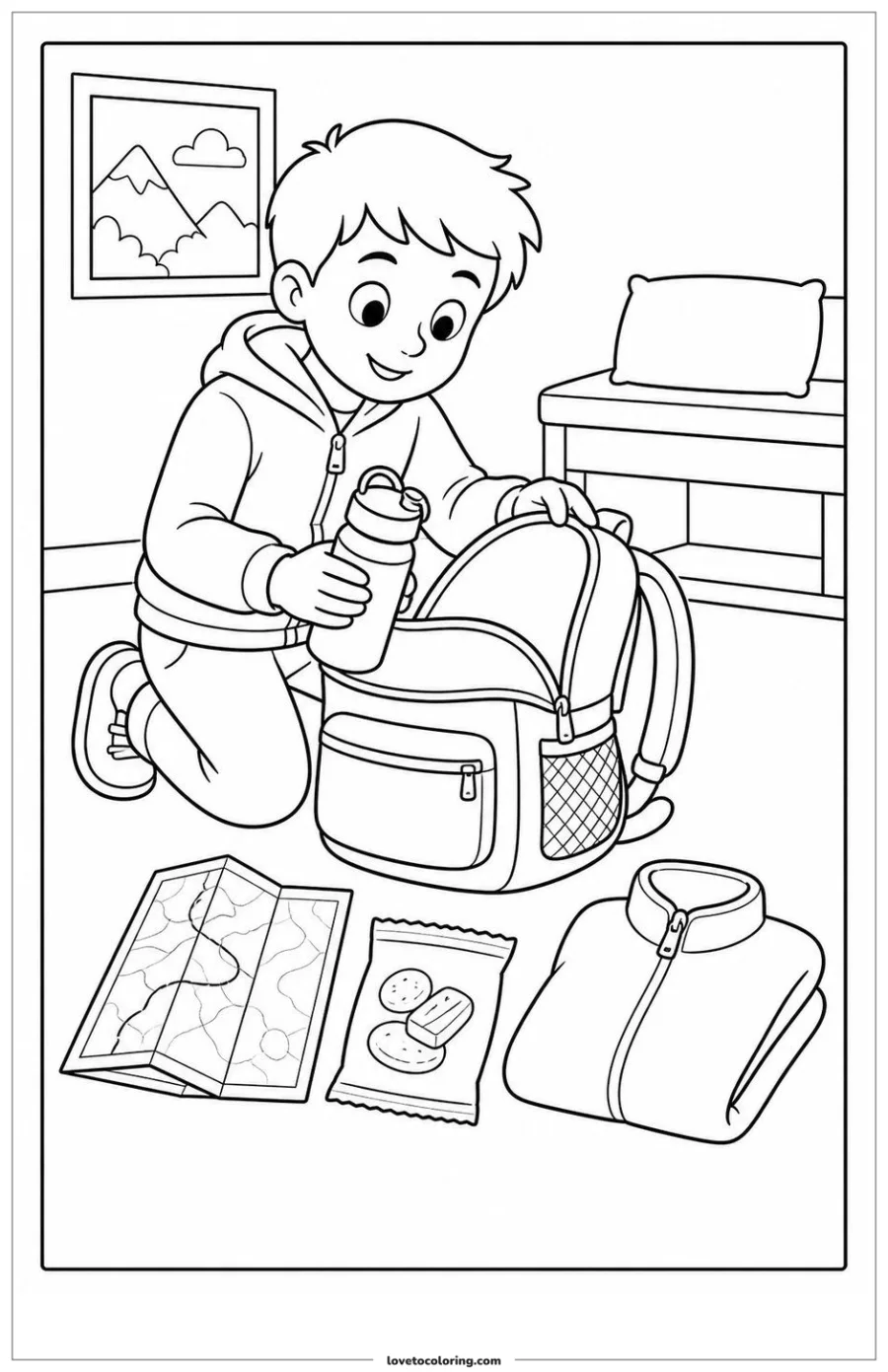 Child organizing a map, bottle, snack and jacket in a travel backpack.