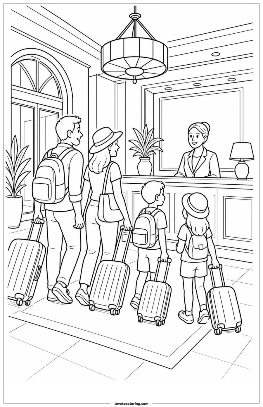 Dibujo para colorear de arriving at a hotel with luggage