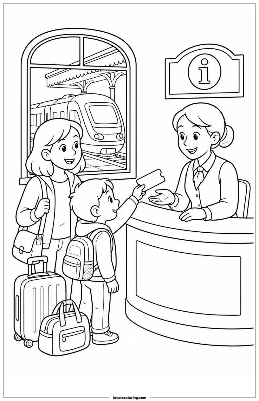 Child and caregiver showing a ticket to a train station helper.