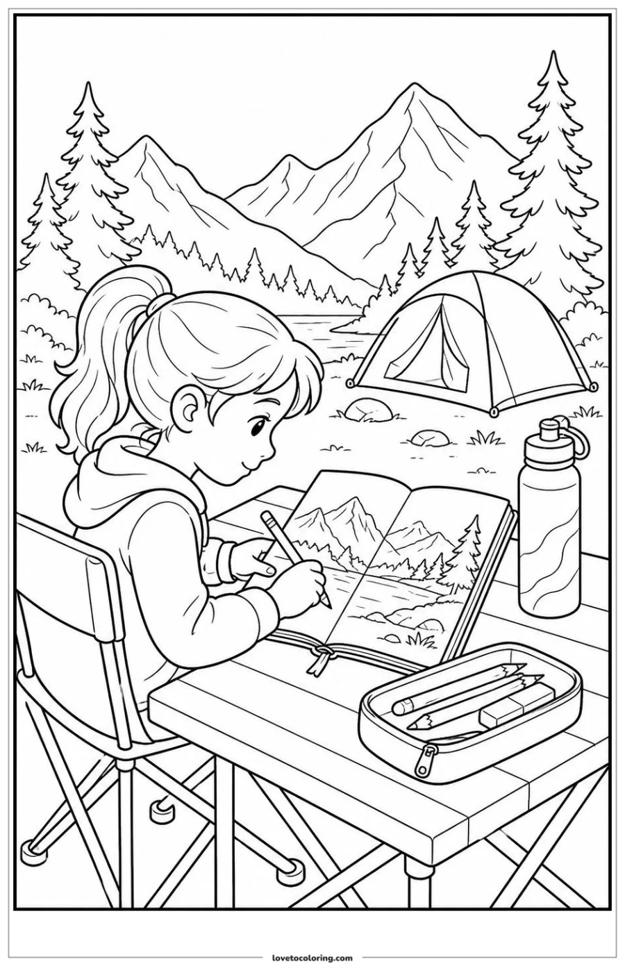 Child drawing a mountain scene in a travel journal at a campsite.