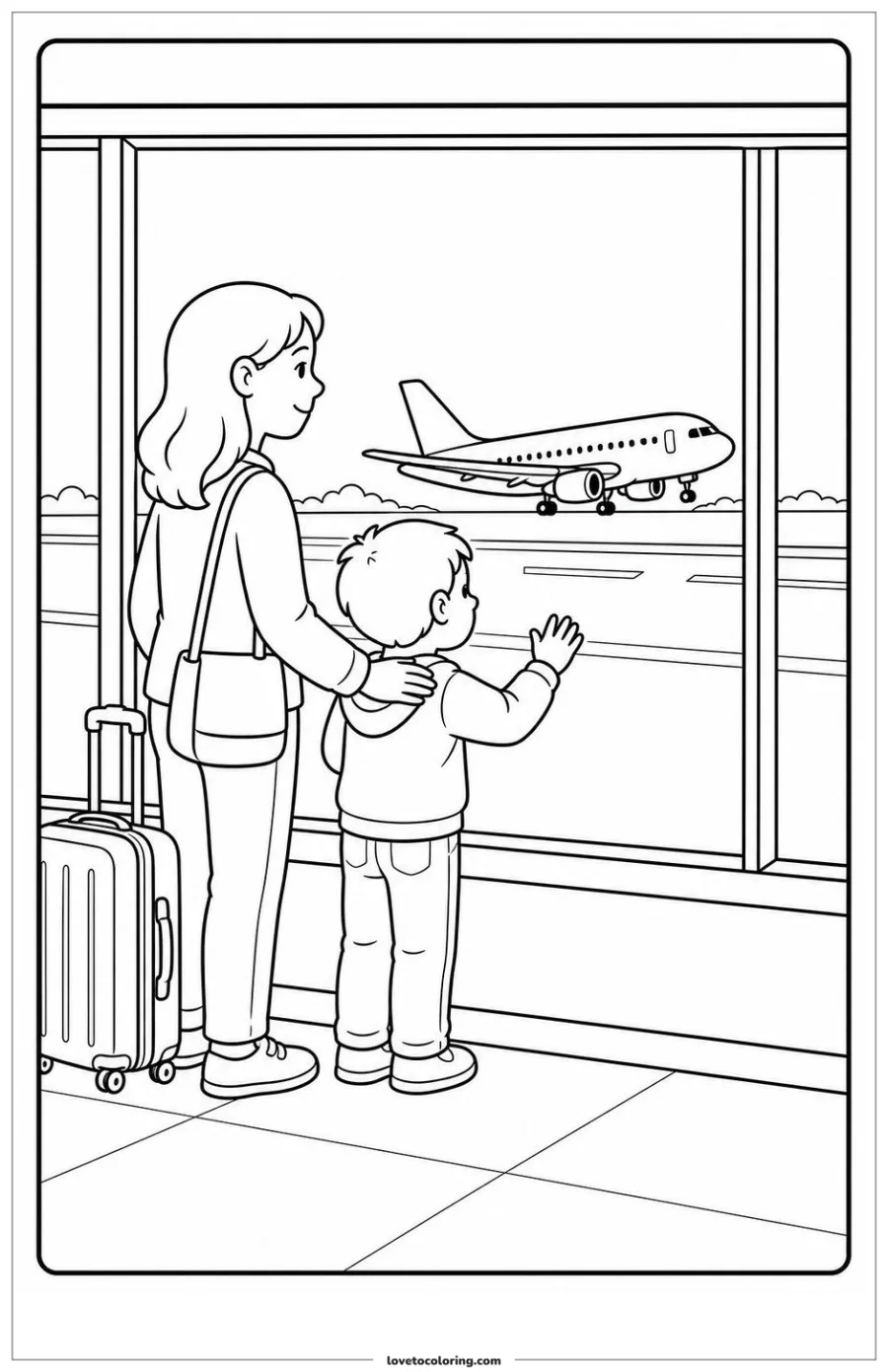 Child and caregiver watching an airplane through an airport viewing window.