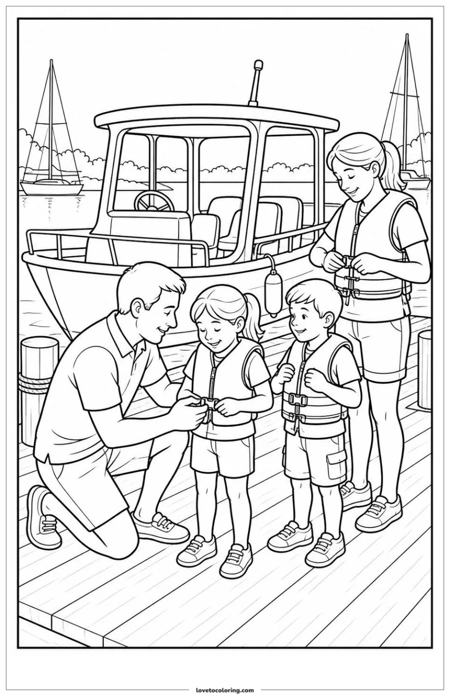 Dibujo para colorear de putting on life jackets for a boat trip