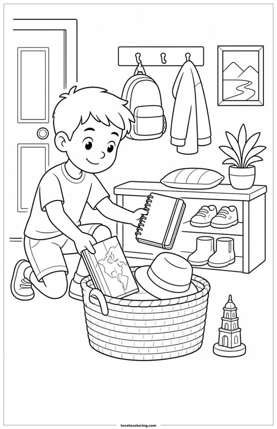 Child putting a map, journal, hat and souvenir into a storage basket.