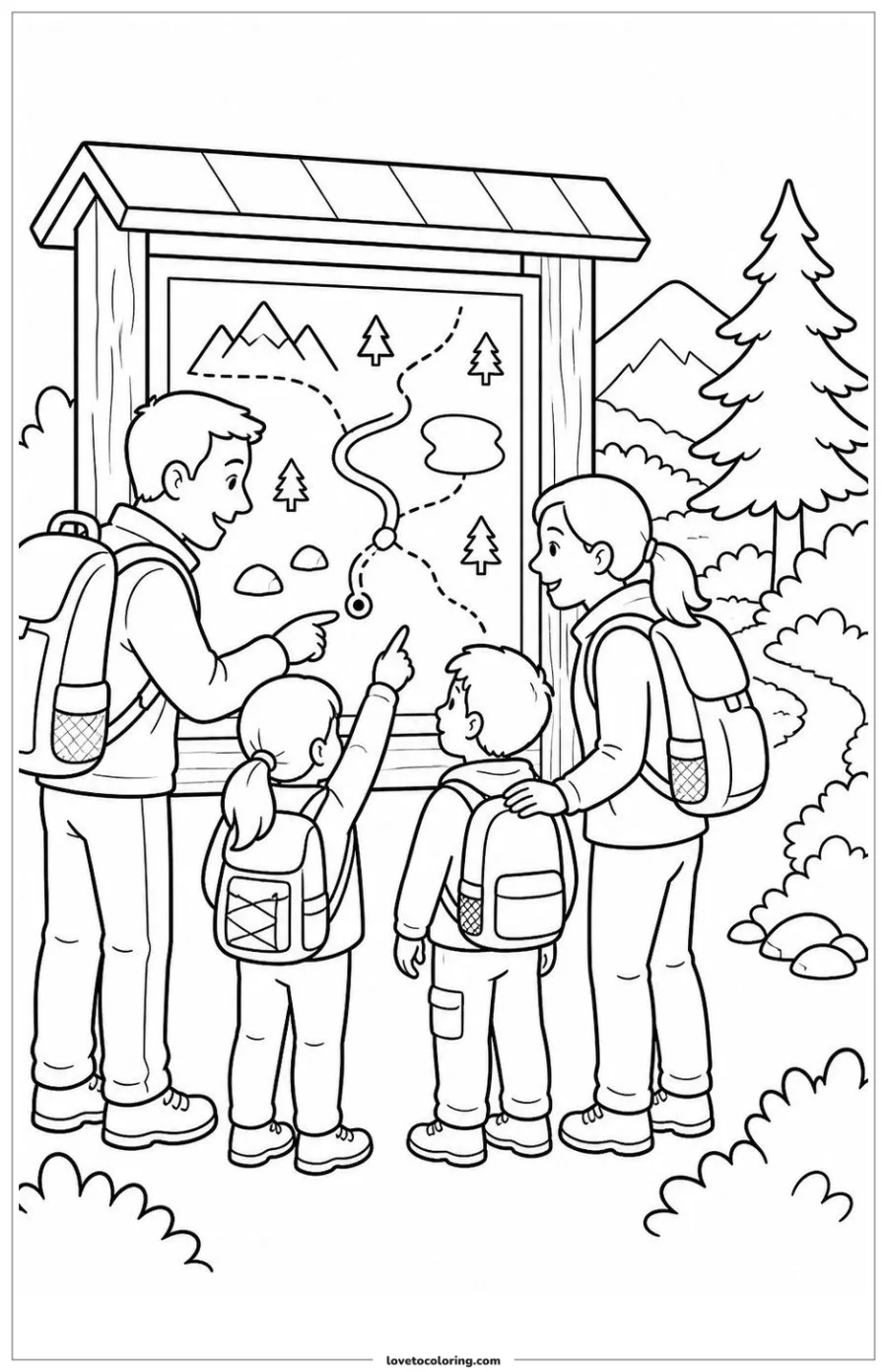 Family checking an illustrated trail map at a forest trailhead.