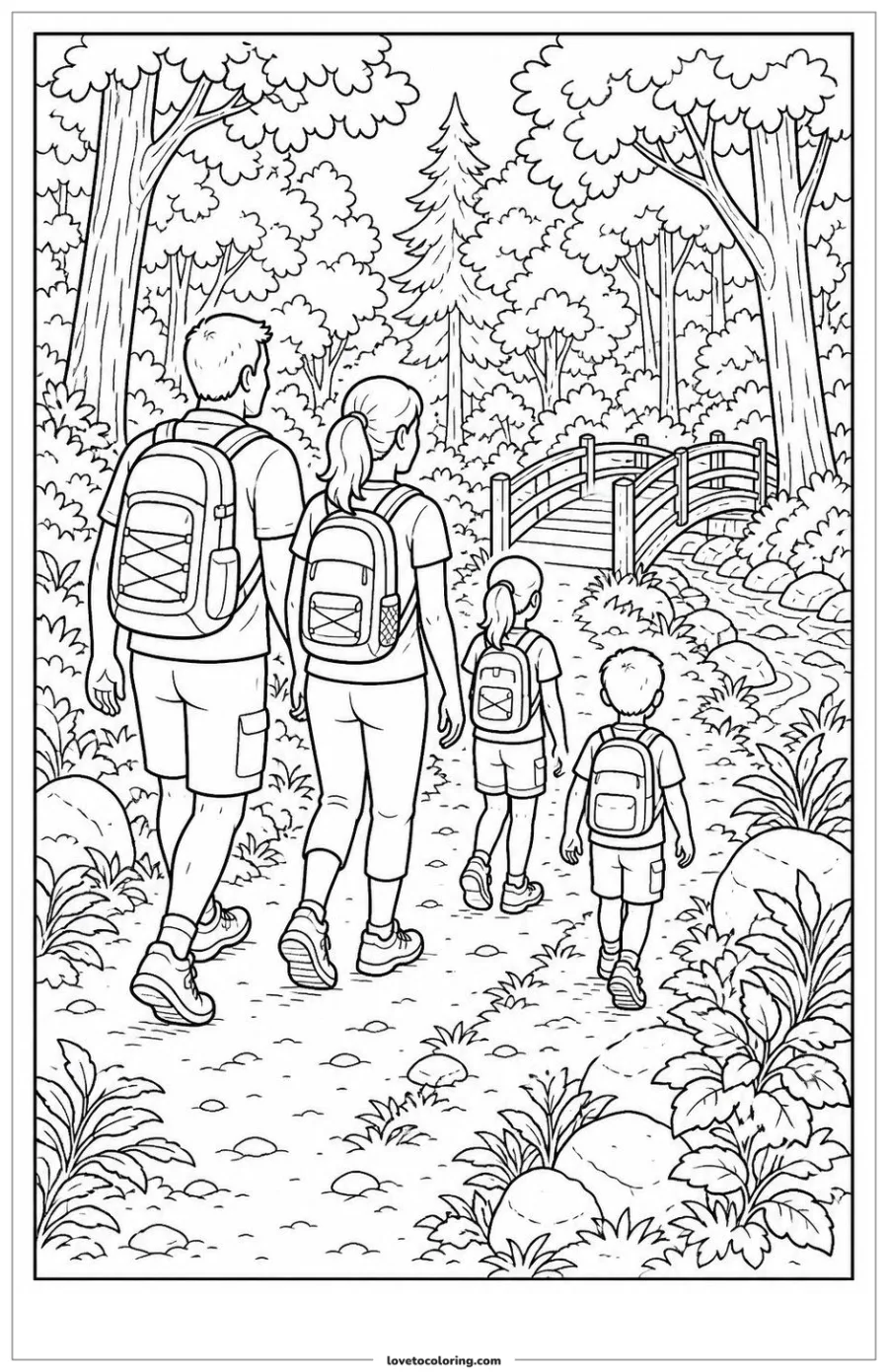 Dibujo para colorear de hiking a forest trail together