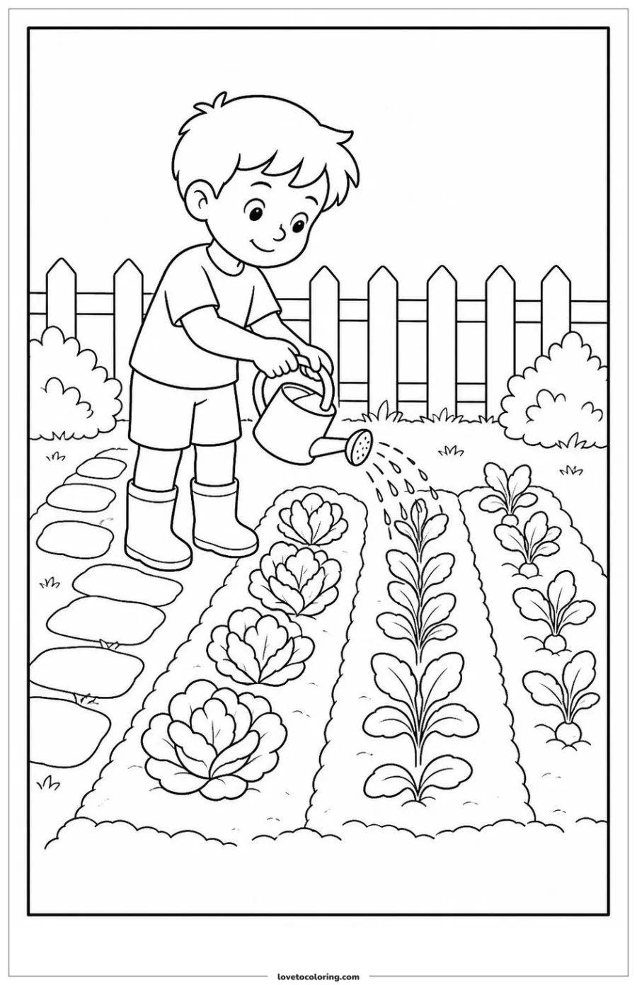 Child watering rows of vegetables in a backyard garden.