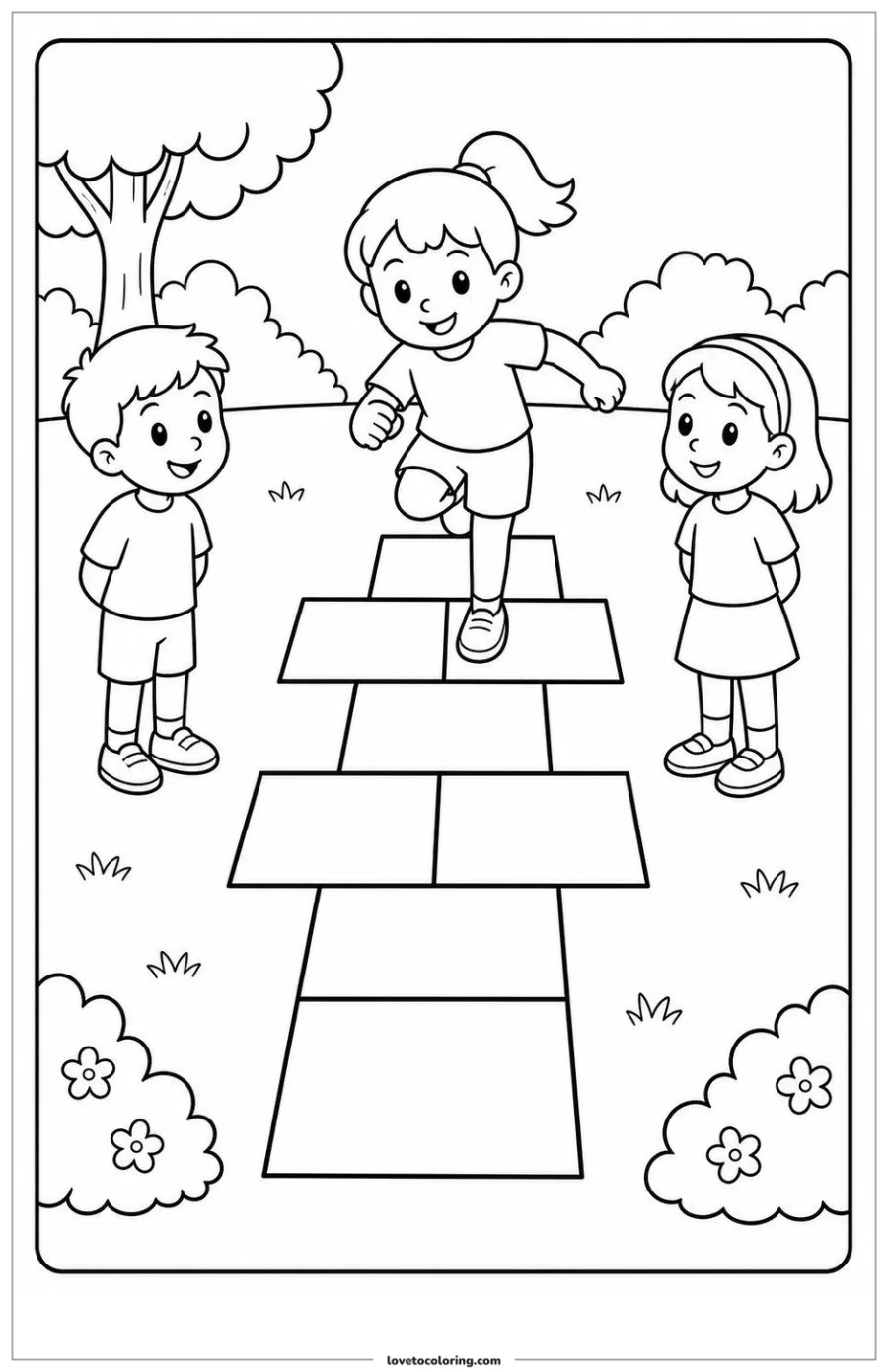 Children taking turns playing hopscotch in a park.