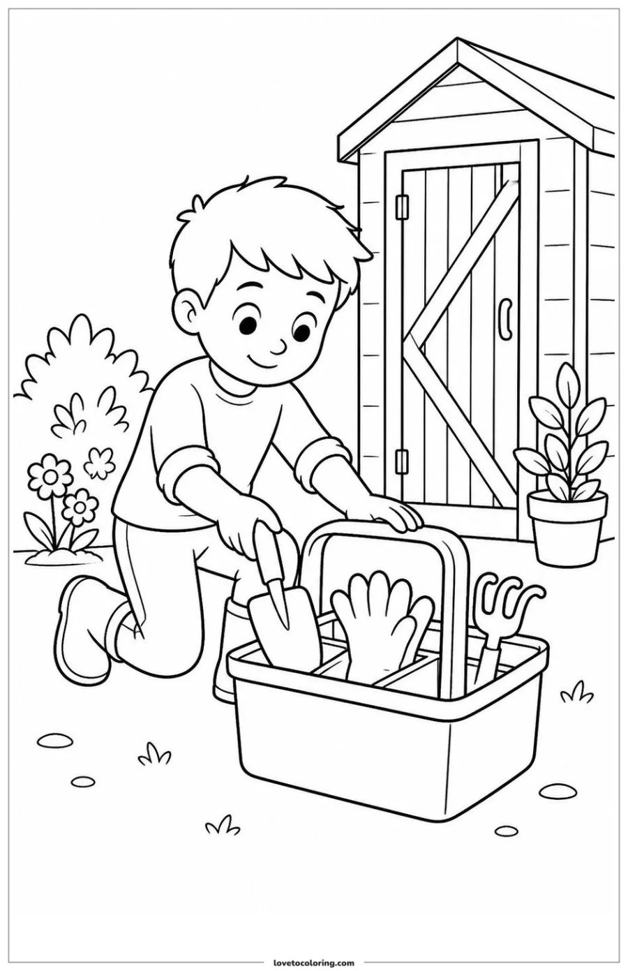 Dibujo para colorear de cleaning and storing garden tools