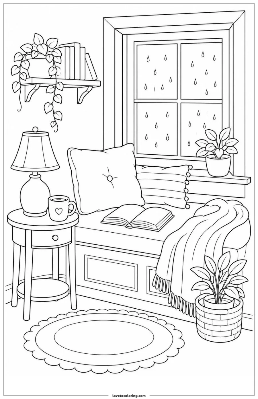 Dibujo para colorear de rainy window reading nook