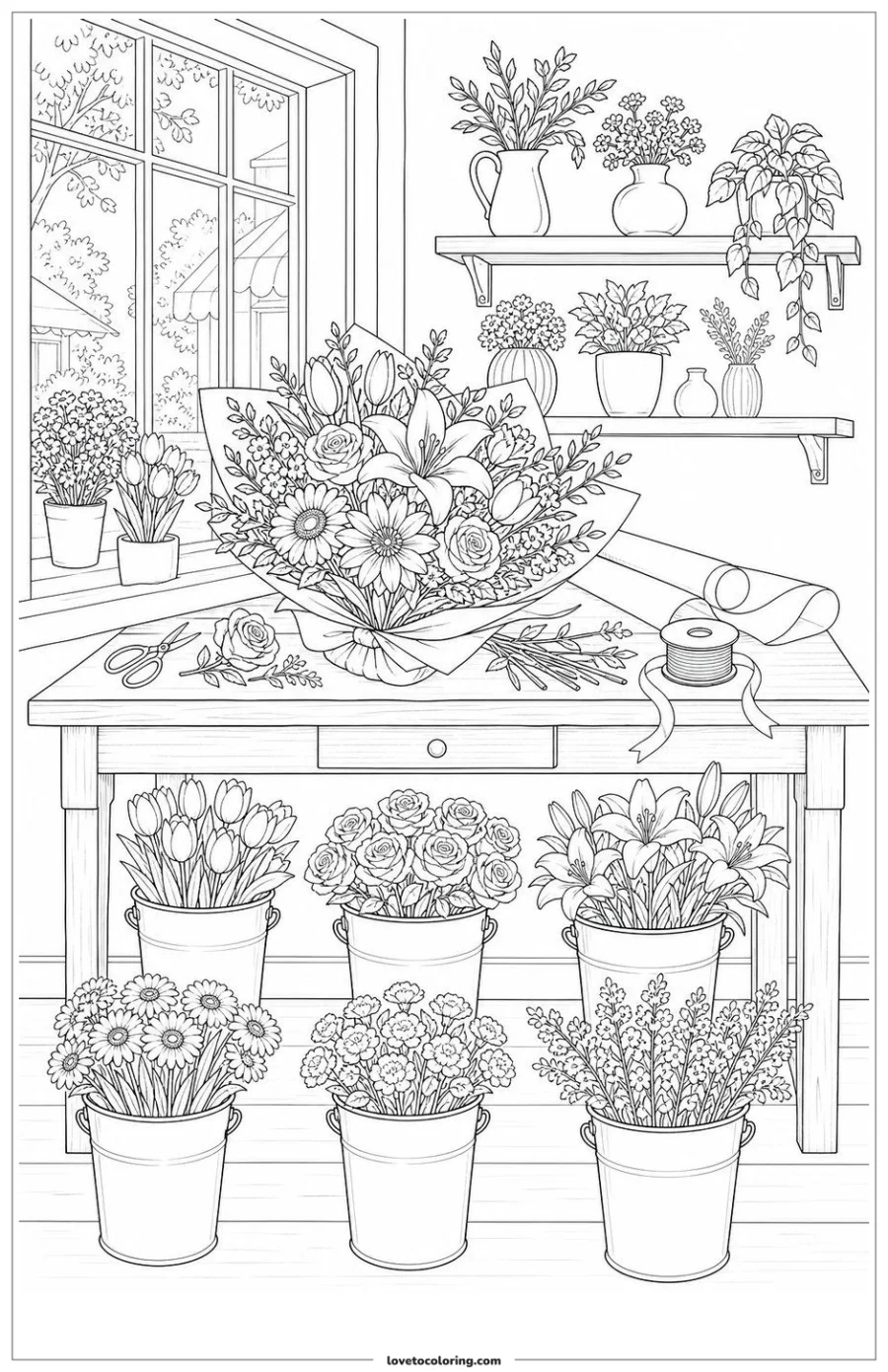 Detailed black-and-white flower shop with central bouquet, florist table, flower buckets, paper and ribbon.
