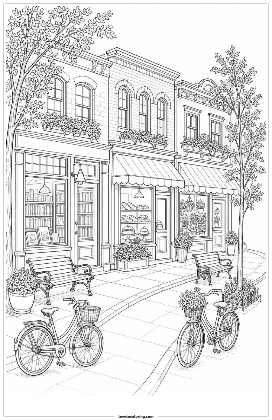 Detailed black-and-white small-town street with three storefronts, benches, bicycles, planters and trees.