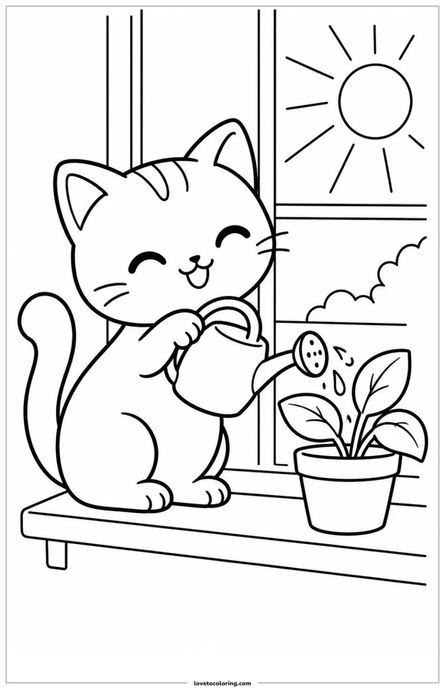 Cat Watering a Plant — printable line art