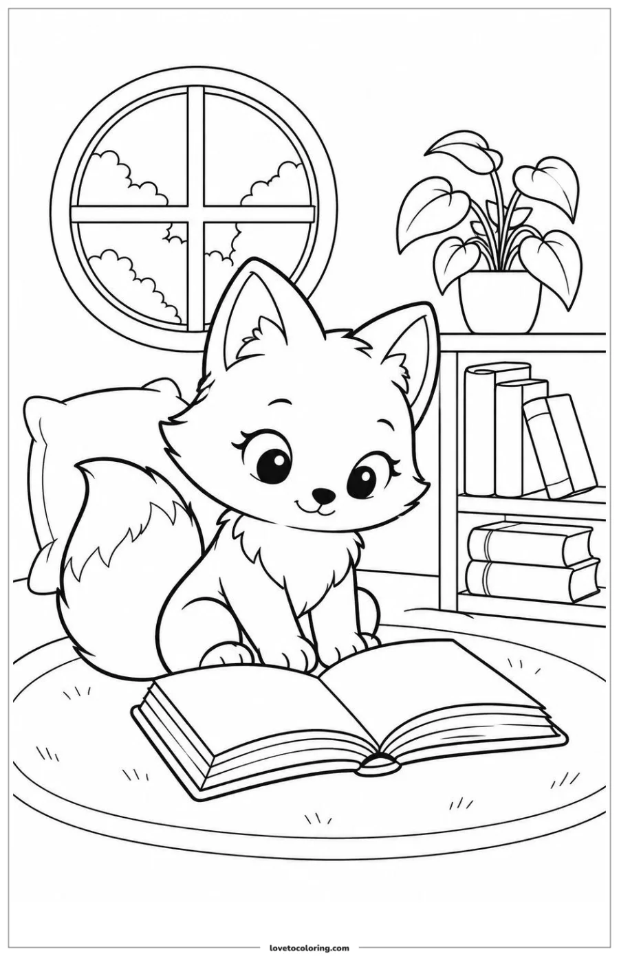 Black-and-white printable coloring page showing a kawaii fox reading an open book.