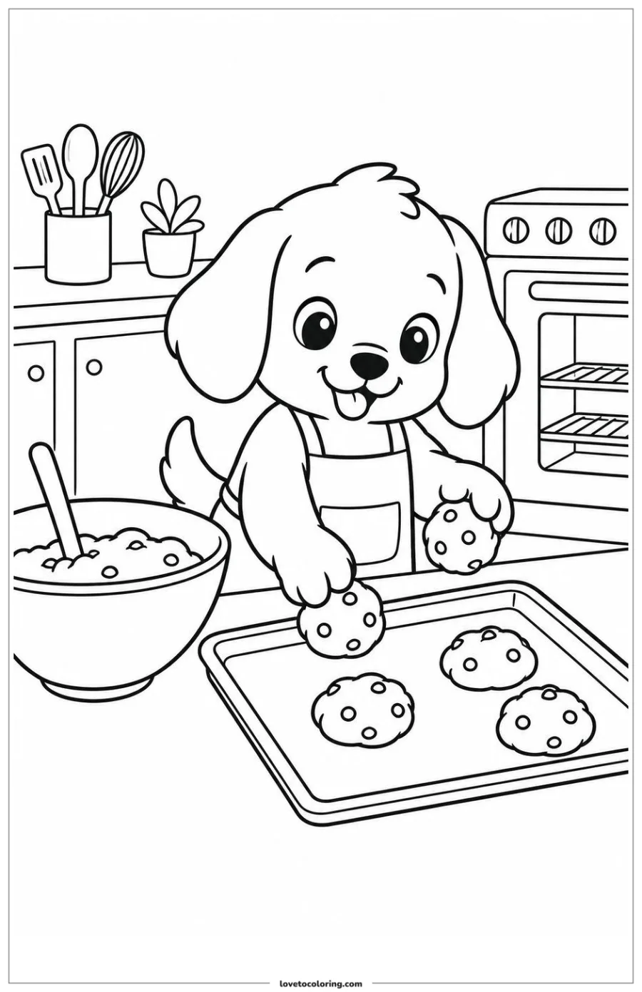 Black-and-white printable coloring page showing a kawaii dog placing cookies on a baking tray.