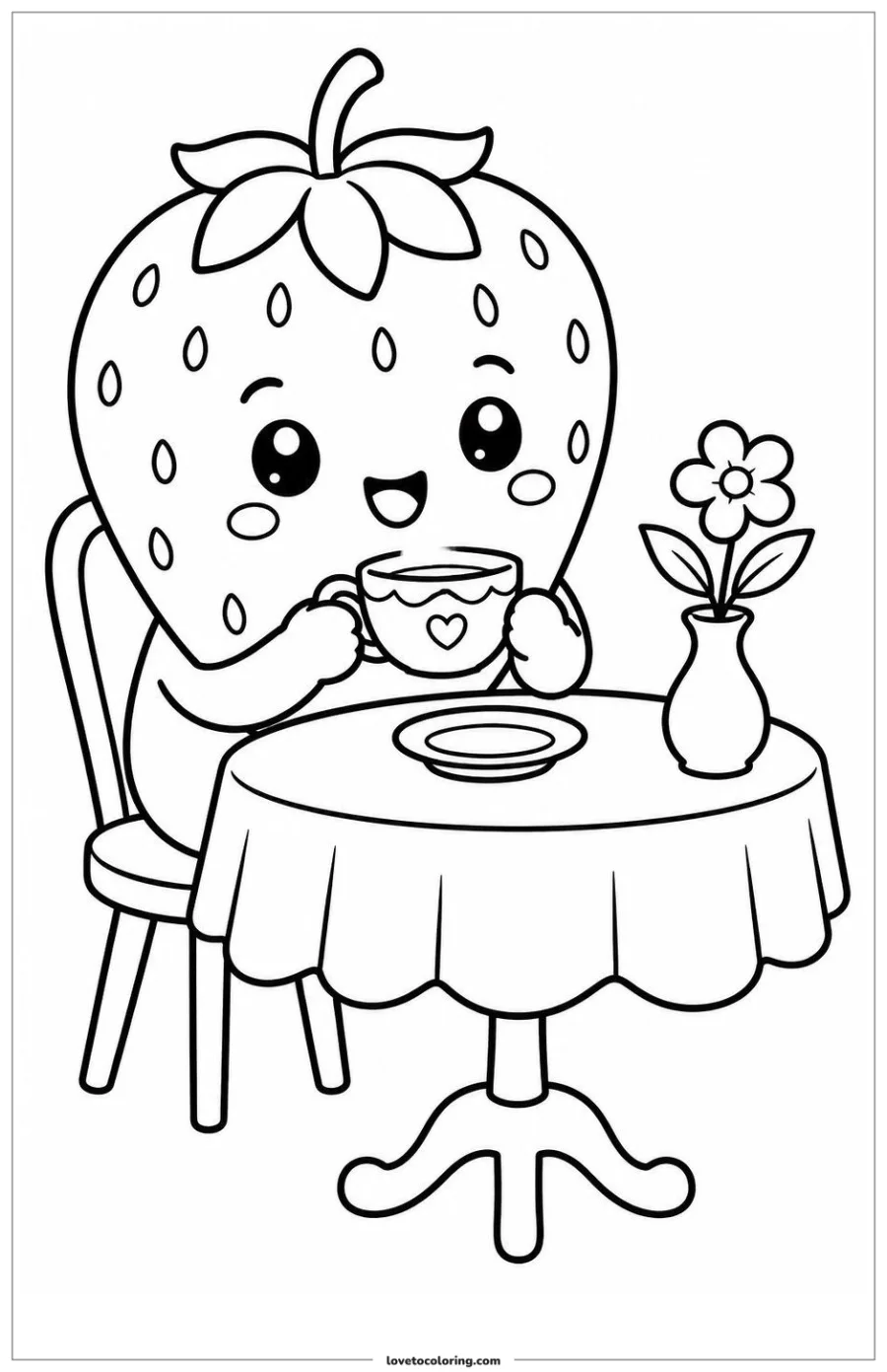 Black-and-white printable coloring page showing a kawaii strawberry sharing tea at a small table.