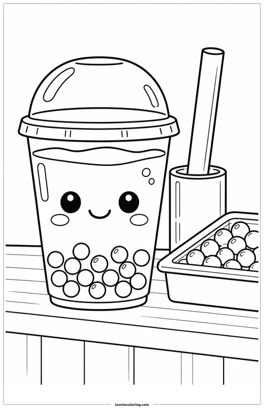 Black-and-white printable coloring page showing a kawaii boba tea cup sitting beside a straw and topping tray.