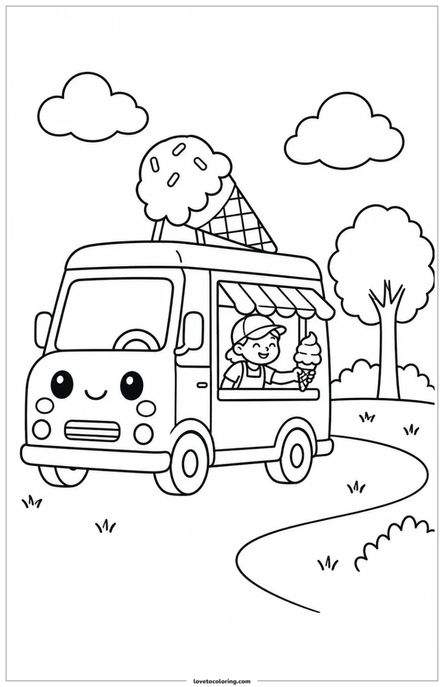 Black-and-white printable coloring page showing a kawaii ice cream truck serving one ice cream cone.