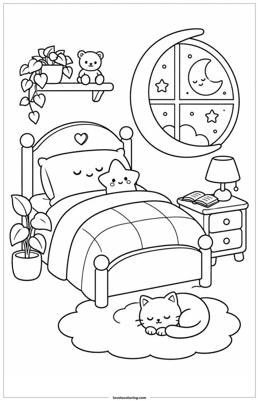 Black-and-white printable coloring page showing a kawaii bedroom settling down for bedtime.