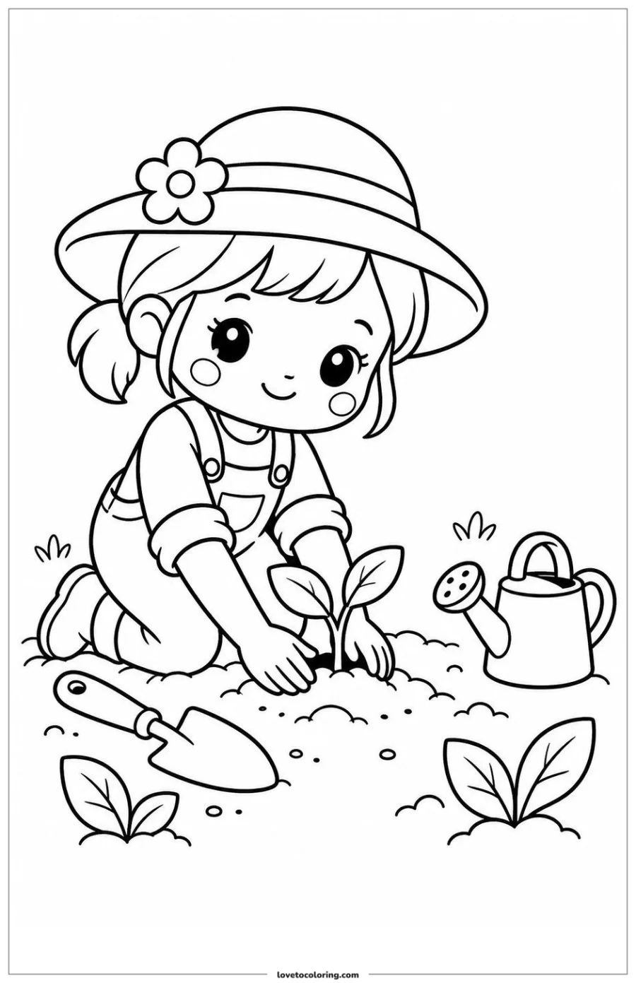 Black-and-white printable coloring page showing a kawaii garden character planting one seedling.