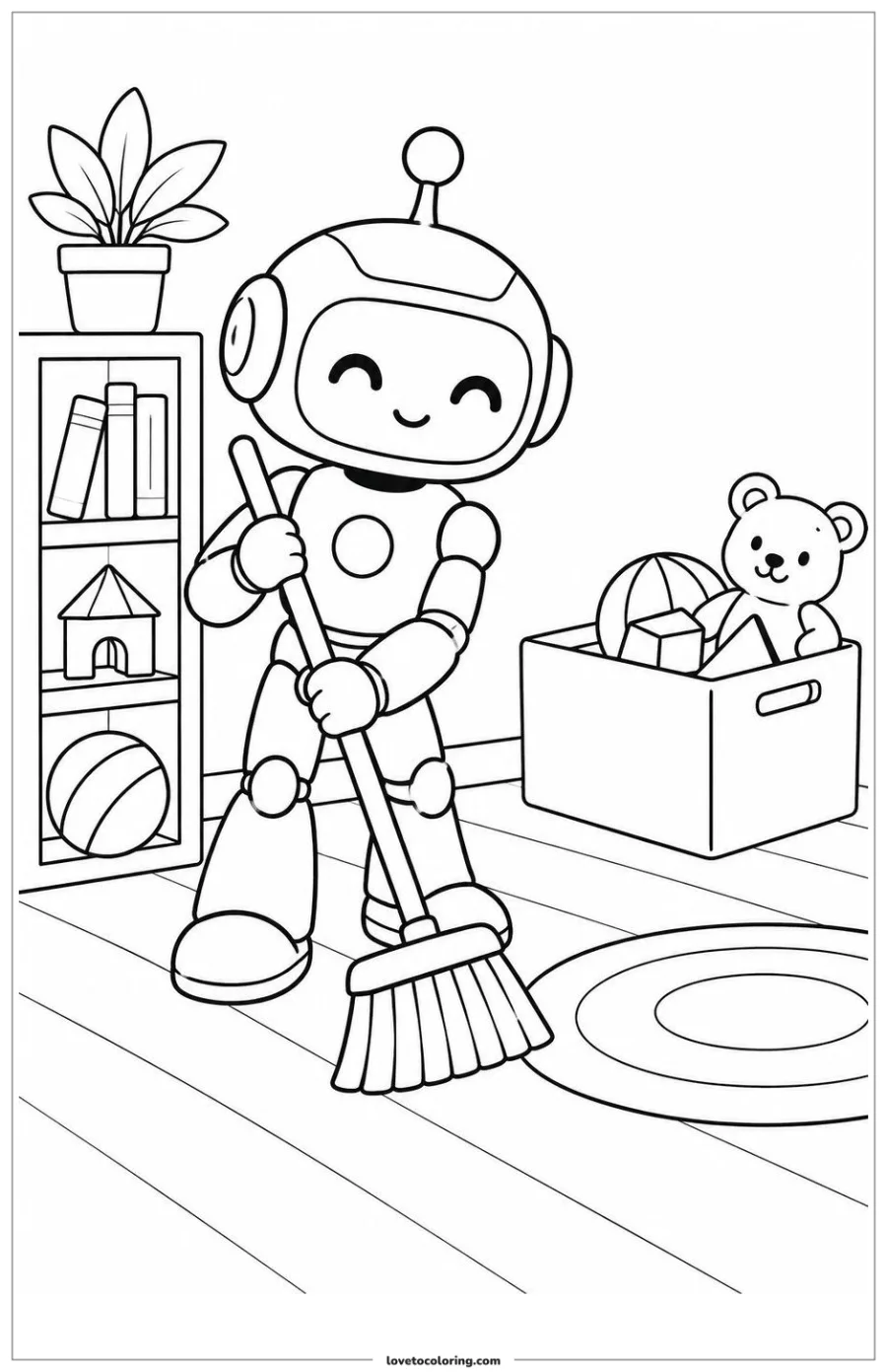 Black-and-white printable coloring page showing a kawaii household robot sweeping a small room.