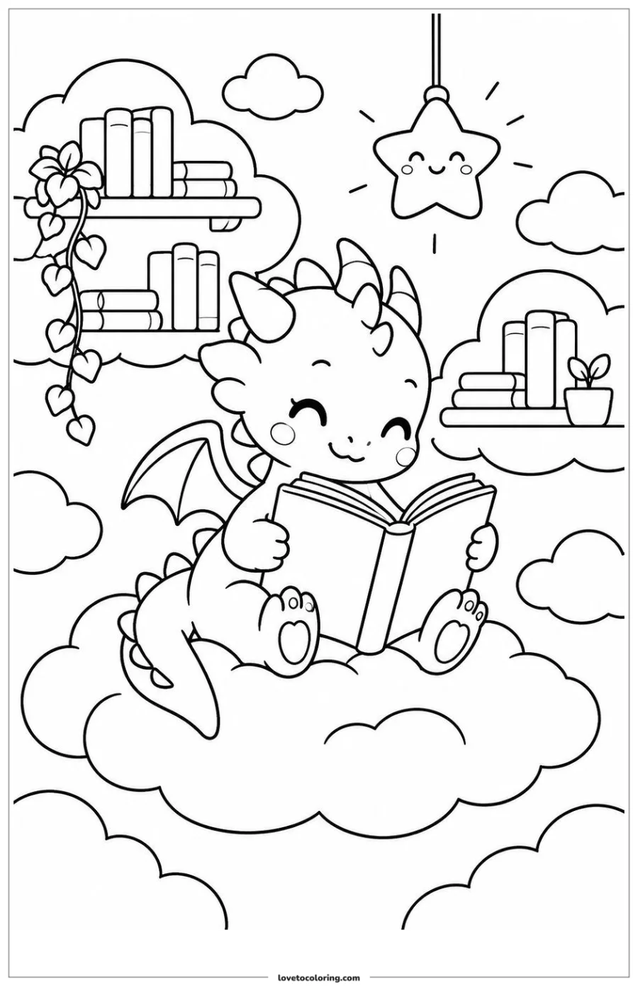 Black-and-white printable coloring page showing an original kawaii dragon reading among cloud shelves.