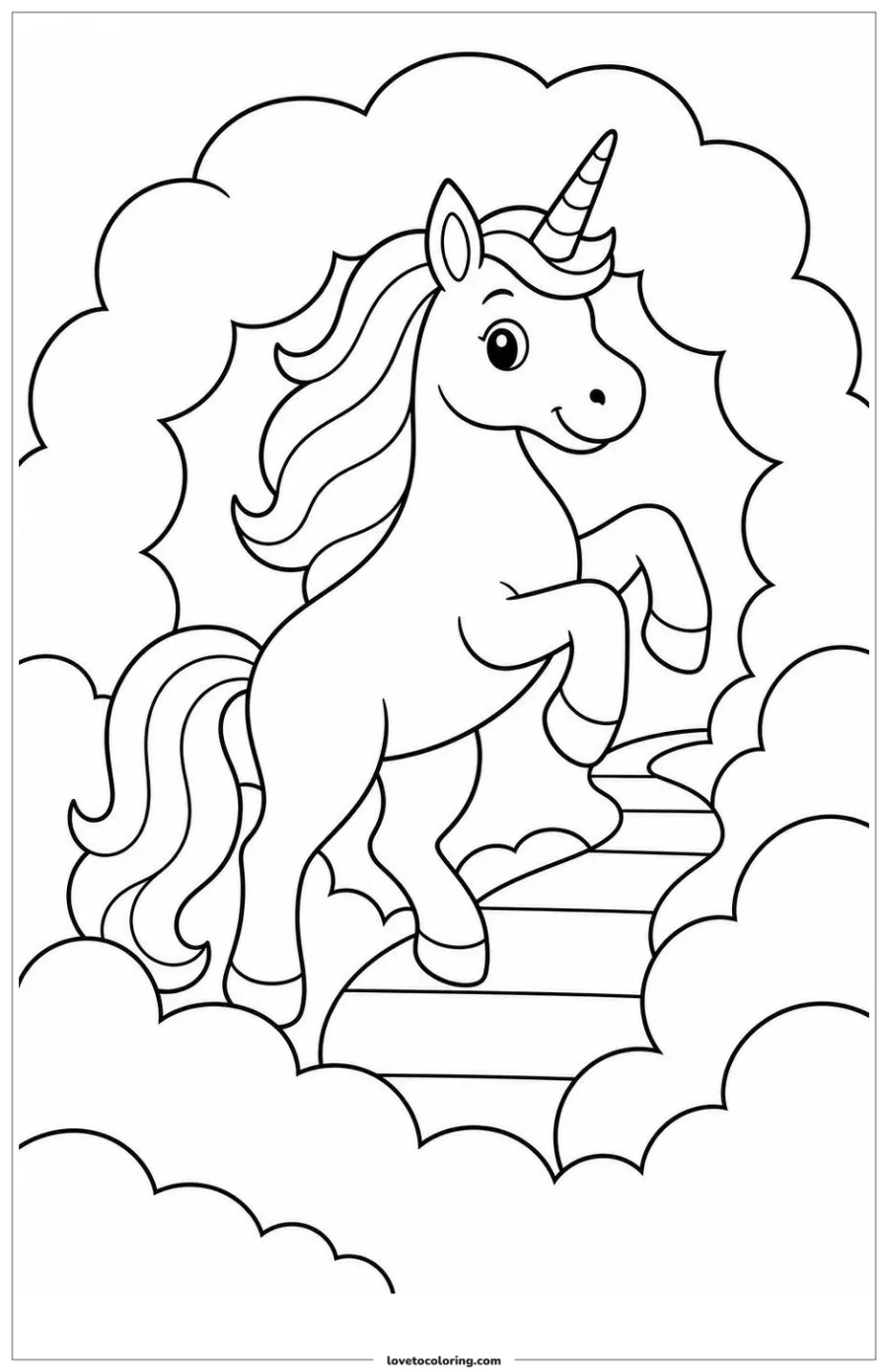 Dibujo para colorear de unicorn rising through a ring of soft clouds