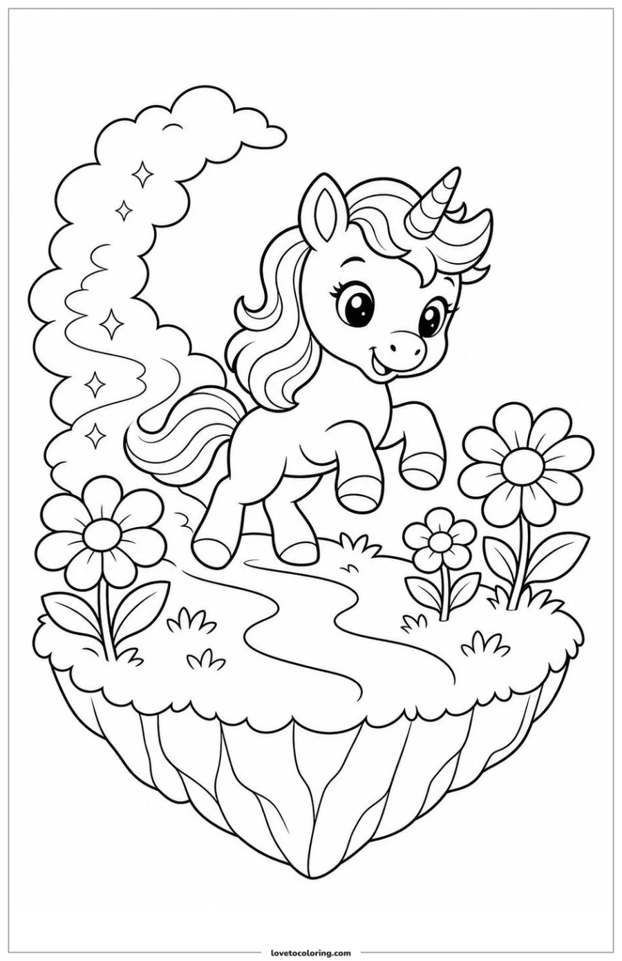 Dibujo para colorear de baby unicorn landing on a floating garden