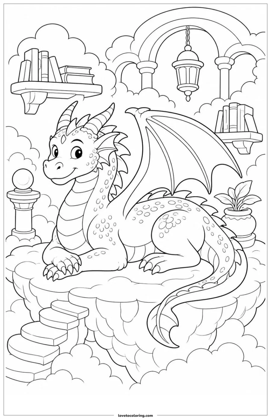 Dibujo para colorear de dragón descansando sobre una nube