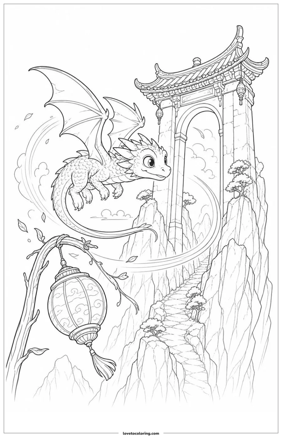 Dibujo para colorear de baby dragon circling a high mountain gate