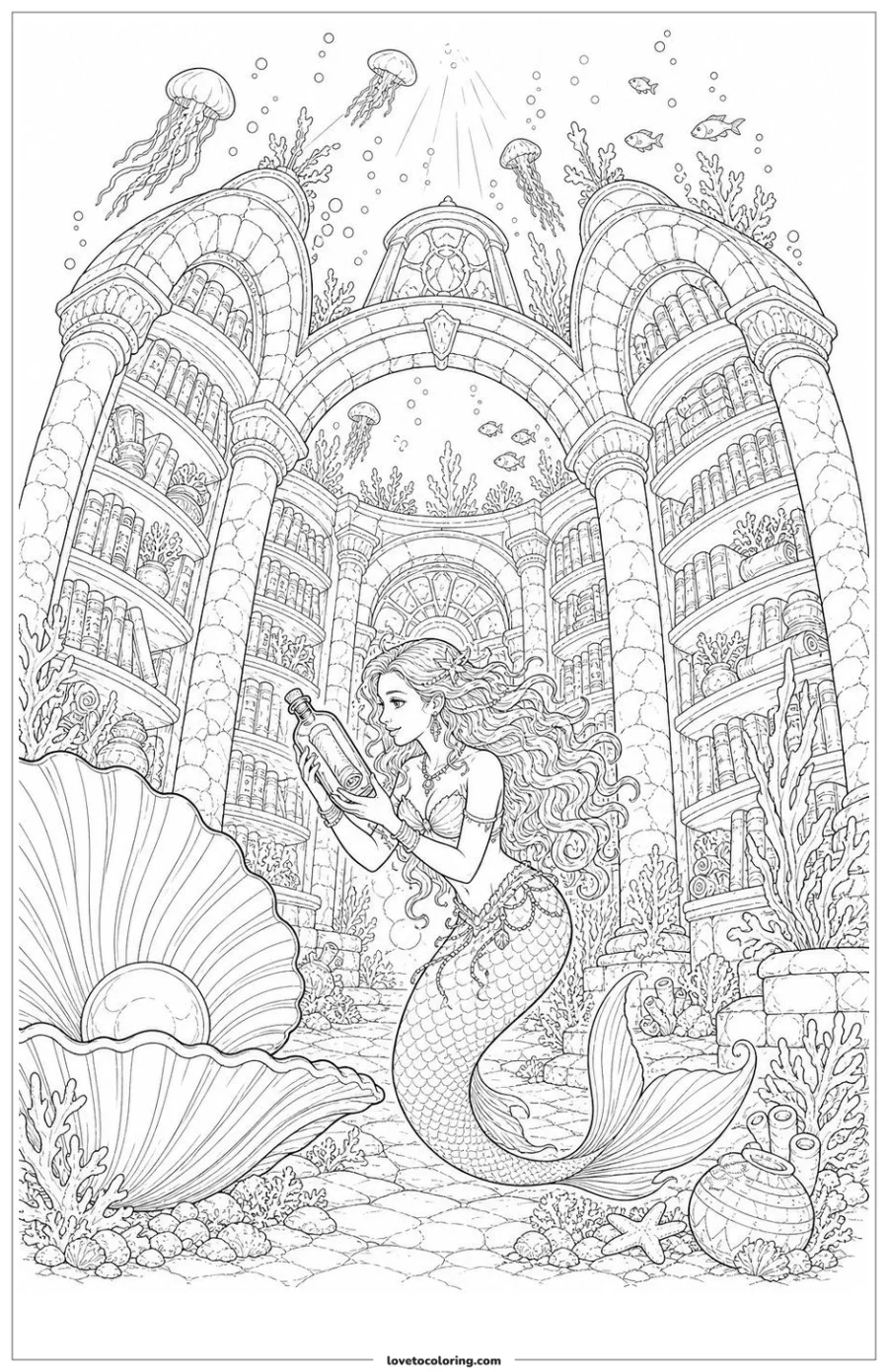 Detailed black-and-white coloring page of a mermaid holding a bottle map inside a submerged stone library with fish, jellyfish and coral.