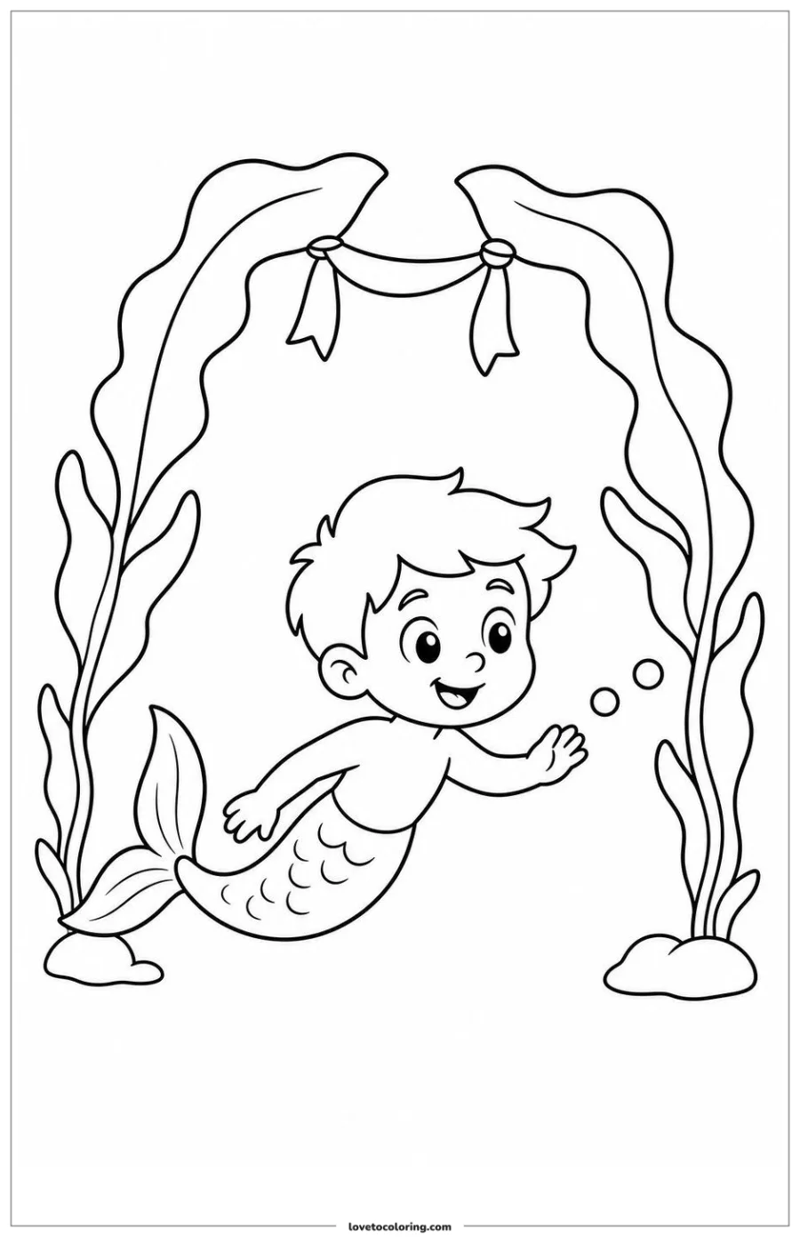 Black-and-white printable coloring page showing a merboy crossing beneath a kelp arch.