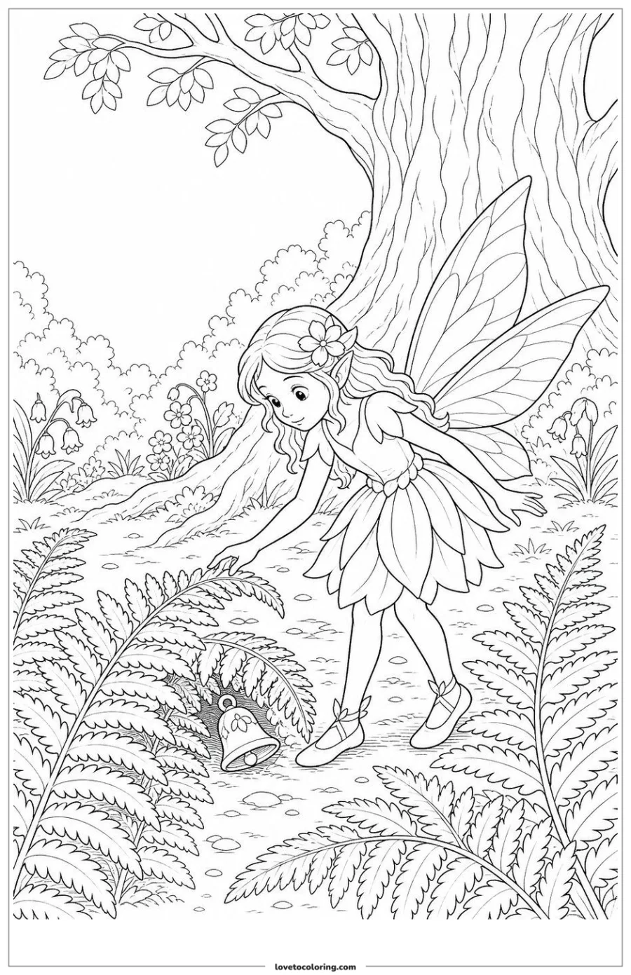 Dibujo para colorear de flower fairy finding a lost bell beneath ferns