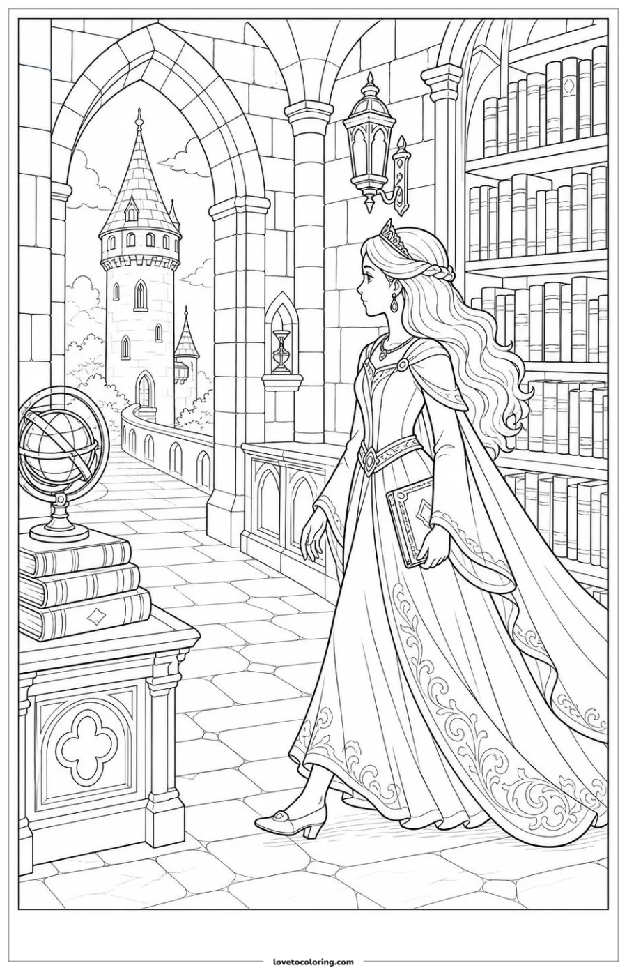 Dibujo para colorear de princess entering a quiet library passage