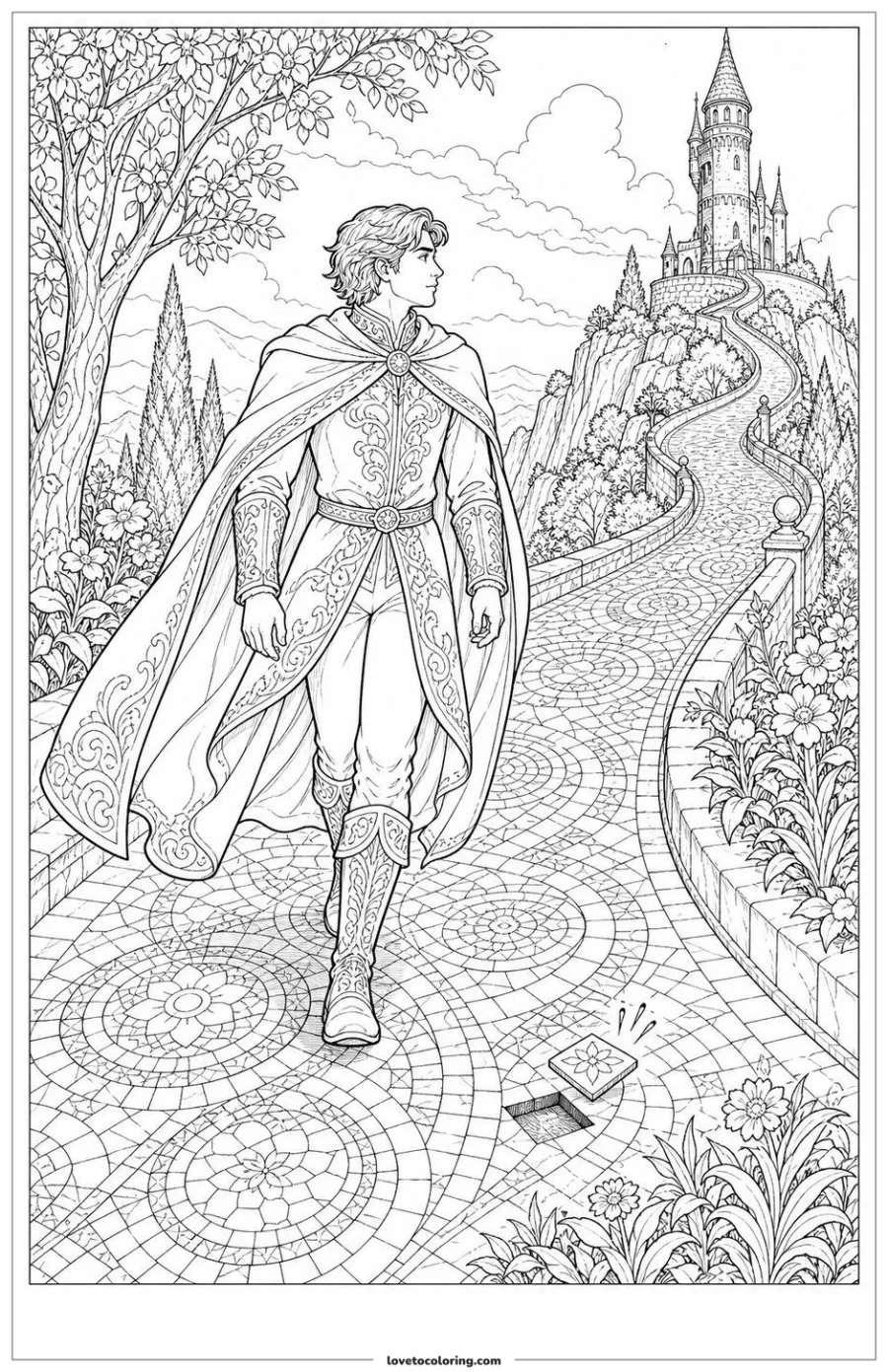 Dibujo para colorear de prince following a mosaic path to a tower